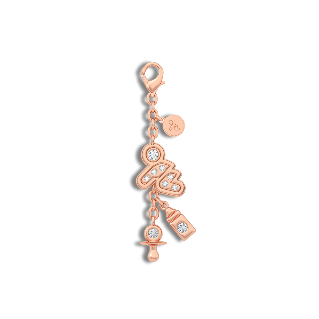 Premium Designer Baby-Themed Bag Charm – Rose Gold with Stones